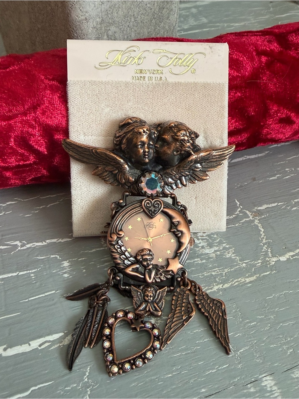 Kirks Folly Bronze Angel Time Brooch Watch with Charm Dangles